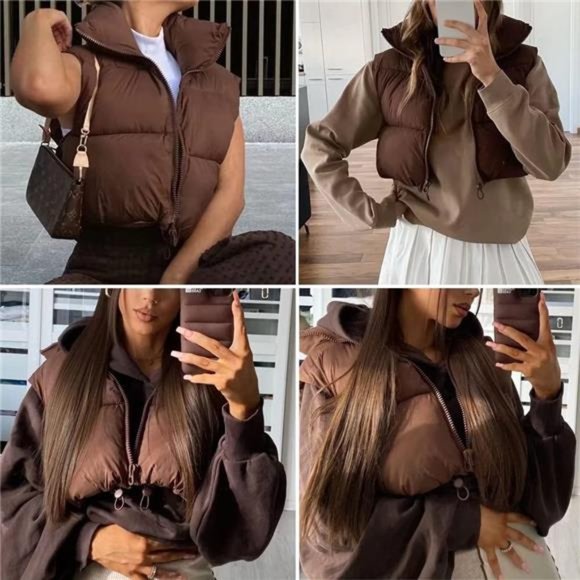 Women's Winter Crop Vest Lightweight Sleeveless Warm Outerwear Puffer Vest - Picture 7 of 7